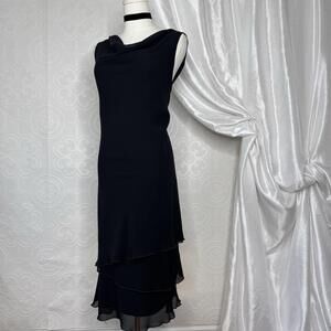 Vintage Midi Black Dress Womens 16 Black tiered Ruffle Cowl Neck Whimsigoth Y2K